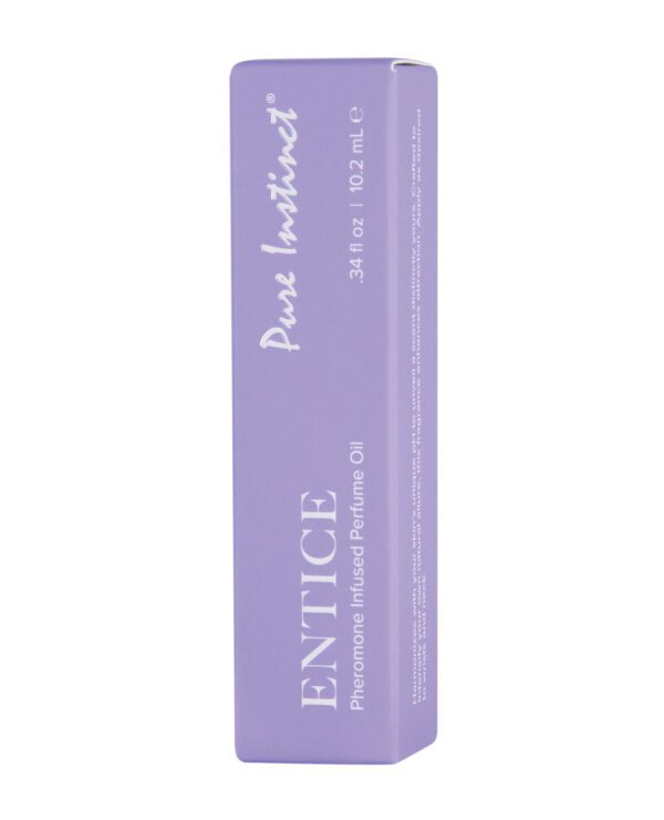 Purple packaging box for Pure Instinct ENTICE pheromone-infused perfume oil with text and product information.