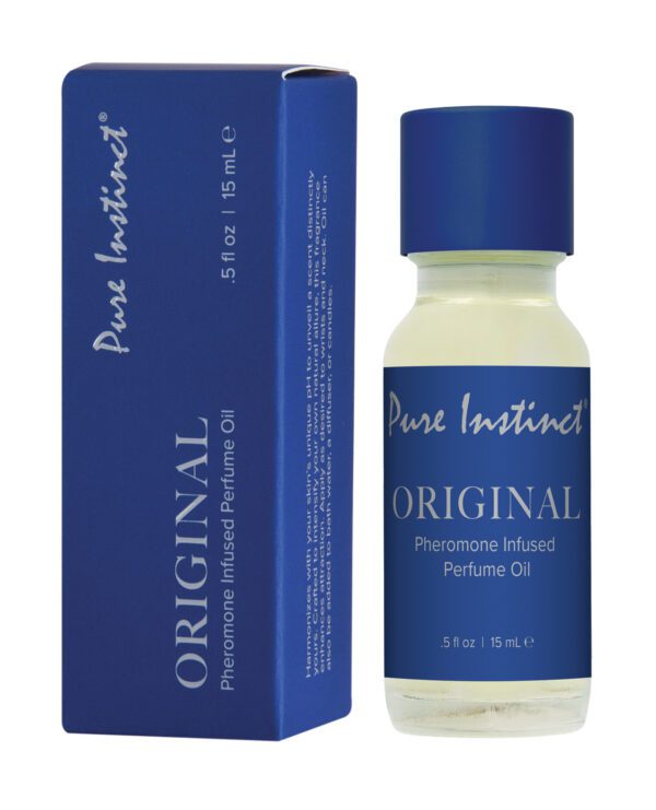 A blue packaging box next to a clear bottle of Pure Instinct Original Pheromone Infused Perfume Oil with a blue cap.