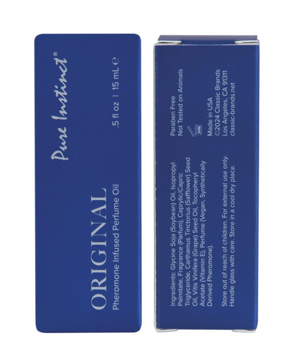 Front and back view of a blue perfume oil package with product information and ingredients listed on the back.