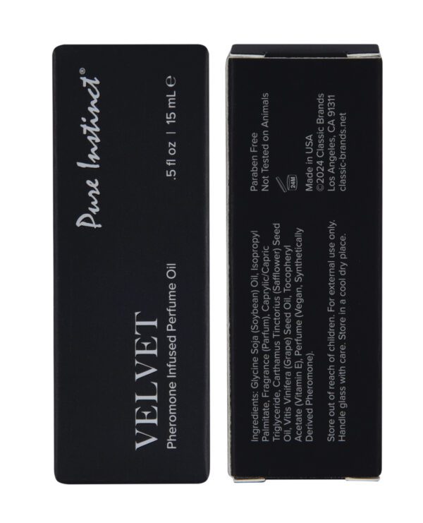 Two sides of a black perfume oil package with white text detailing the product name, size, features, and ingredients.