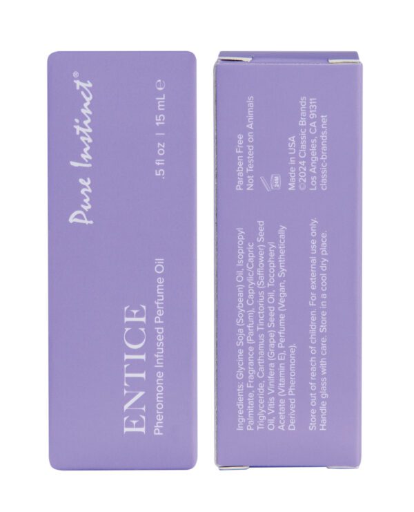 Two views of a purple perfume oil box labeled "Pure Instinct" indicating that it's a pheromone-infused perfume oil with product details and ingredients.