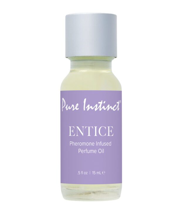 A small bottle of Pure Instinct Entice pheromone infused perfume oil against a white background.