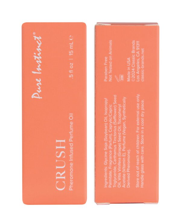 Two sides of an orange perfume oil box labeled "Pure Instinct" and "CRUSH" displayed side by side, with text describing the product as a pheromone-infused perfume oil, vegan, and not tested on animals.