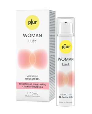 A product image featuring 'Pjur WOMAN Lust' vibrating orgasm gel packaging and bottle, with text highlighting it as a sensational, long-lasting clitoris stimulation gel, 15ml size, made in Germany.