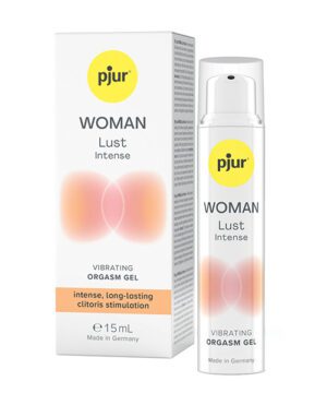 Product packaging for "pjur WOMAN Lust Intense Vibrating Orgasm Gel", including a box and a spray bottle, 15mL size, with the claim of providing intense, long-lasting clitoris stimulation, made in Germany.