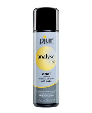 A bottle of Pjur Analyse Me! anal silicone personal lubricant with jojoba, 250ml size.