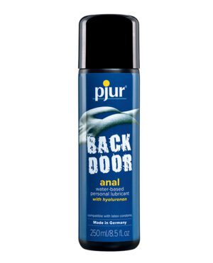 A bottle of Pjur Back Door anal water-based personal lubricant with hyaluronan, 250ml size, indicating it is compatible with latex condoms and made in Germany.