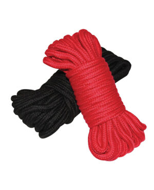 A black and red rope bundle displayed together, showcasing their textures and colors.