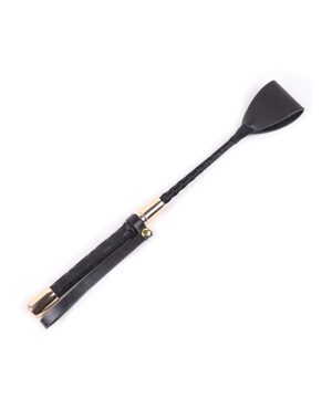 A black riding crop with a braided handle and a metallic cap at the end, isolated on a white background.