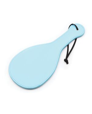 A light blue leather paddle with a black wrist strap, displayed on a white background.