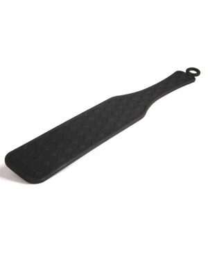 A black textured silicone spatula with a hanging loop on a white background.