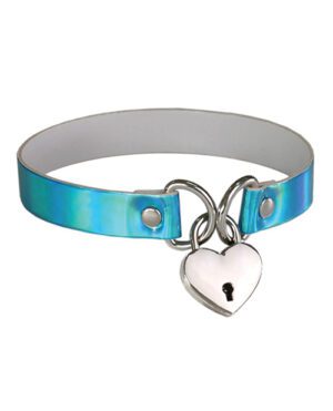 A choker-style necklace with a shiny blue metallic finish and a silver heart-shaped lock pendant.