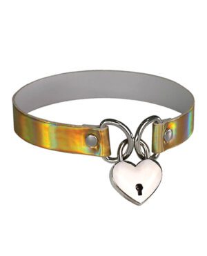 A shiny metallic choker with an iridescent finish, featuring a silver heart-shaped lock pendant at the center.