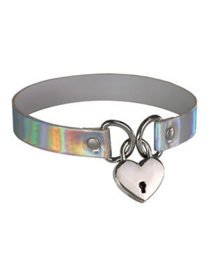 A holographic choker necklace with a silver heart-shaped lock pendant.