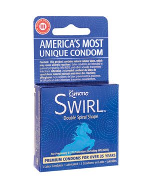 A box of Kimono Swirl condoms highlighting its double spiral shape feature, labeled as America's most unique condom, for pregnancy and STI protection.