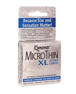 A box of Kimono MicroThin Extra Large condoms highlighting the product's thinness and size for enhanced sensation.