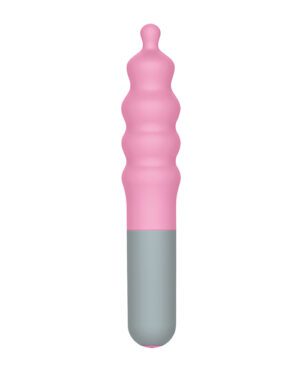 A pink personal massager with a ribbed design on a white background.