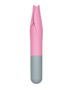 A pink and gray object with a tulip-like top on a white background.