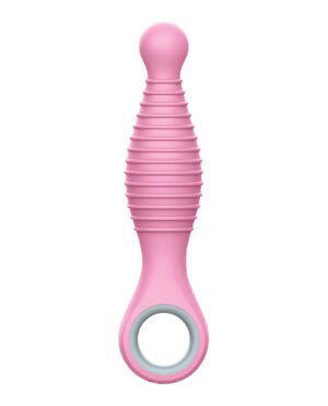 A pink silicone baby bottle with a ridged texture and a loop handle on a white background.