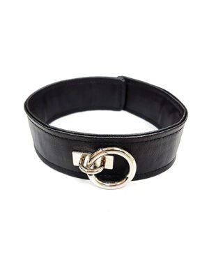 A black leather choker featuring a prominent metallic ring on a white background.