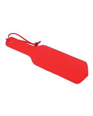 A red leather luggage tag with a loop for attaching to bags.