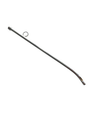 A shiny metal suction tube with a slight curve and a ring attached to one end, designed for cleaning or medical use.