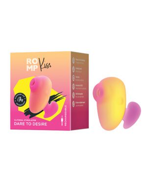 A clitoral stimulator by ROMP called 'Kiss' with its packaging, highlighting the Dare to Desire slogan and product features.