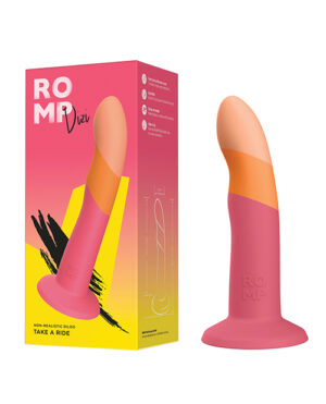 Product packaging for a ROMP branded non-realistic dildo named "Dixi" displayed next to the item itself, which has a pink and orange color scheme.
