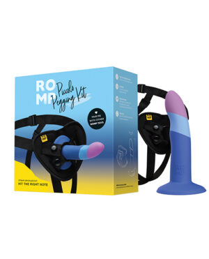 Product packaging and contents for "ROMP Pegging Kit" including a blue and black harness and a two-tone blue and purple dildo, displayed against a white background.