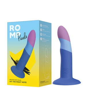 A product image featuring a blue and purple dildo next to its packaging with the brand "ROMP" and product name "Picasso." The packaging states "Non-realistic dildo" and "Hit the right note" with various product features listed.