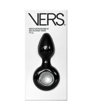 A rechargeable black silicone product with a spherical base packaged in a white box with "VERS" branding at the top.