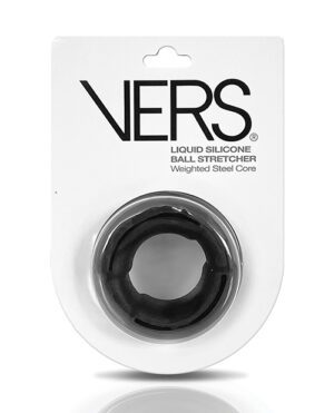 Packaging of a black liquid silicone ball stretcher with a weighted steel core, displayed against a white background with the brand name VERS at the top.