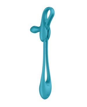 A turquoise silicone cooking spoon with a flexible twisted handle design standing upright against a white background.