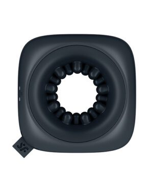A black inflatable square-shaped neck pillow with a round opening in the center.