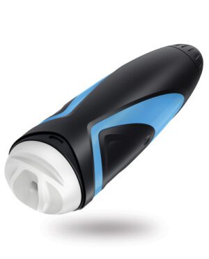 A handheld black electric shaver with blue accents and a white rotary head, isolated on a white background.