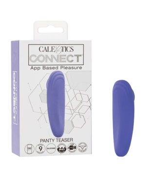 Product packaging for "CALEXOTICS CONNECT App Based Pleasure" featuring a "PANTY TEASER" device in purple, with icons indicating 9 functions, silicone material, waterproof, and USB rechargeable, next to a standalone image of the device.