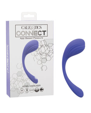 Alt text: The image shows a packaged product labeled "CALEXOTICS CONNECT App Based Pleasure Kegel Exerciser" along with the depicted kegel exerciser device outside of the packaging, which is blue and curved in shape.