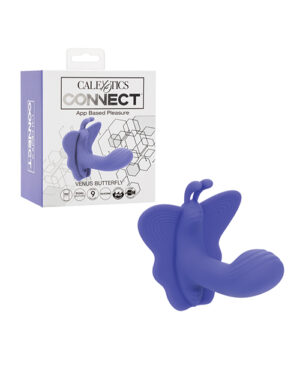 A purple butterfly-shaped wearable device alongside its packaging labeled "CALEXOTICS CONNECT App Based Pleasure VENUS BUTTERFLY."