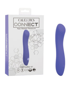 Product packaging and device for "CALEXOTICS CONNECT App Based Pleasure" with a purple "CONTOURED 'G'" personal device displayed next to its box.