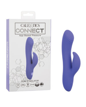 A product image showing a purple dual stimulator device by the brand Calexotics from their Connect range, positioned next to its packaging which highlights that the device is app-based pleasure with 9 different settings.