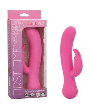 Alt text: A pink "First Time Rechargeable Bunny" product by CalExotics, displayed next to its packaging.