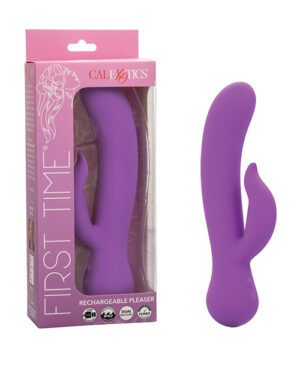 Product packaging for a purple "First Time Rechargeable Pleaser" adult toy, displayed next to the item itself, by the brand "CalExotics".