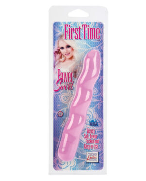 Alt text: Packaging of a "First Time Power Swirl" personal pleasure device, in pink, with the descriptive tagline "Velvety soft, power-packed, and easy-to-use". The package features a floral pattern on a blue background and includes an image of a blonde woman.