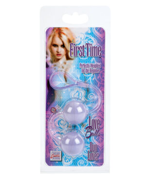 Packaging for a product called "First Time Love Balls Duo Lover," featuring two interconnected lavender-colored balls, with a female model's image and product details.