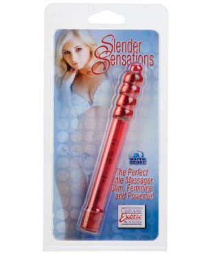 A packaged "Slender Sensations" personal massage device with an image of a woman in lingerie, product features, and branding logos.