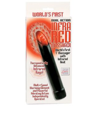 Packaging of a "World's First Dual Action Infrared Massager" with featured characteristics such as "Therapeutically Advanced Infrared Rays," "Multi-Speed Warming Element and Powerful Vibrating Action," and "Independently Operated." The massager is visibly black and appears in front of a white background with red and black text.