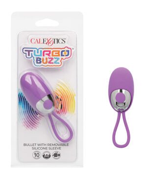 A product package with a purple and white "Turbo Buzz" bullet vibrator, featuring a removable silicone sleeve and a ring handle, displayed next to an image indicating the product's 10-speed functionality.