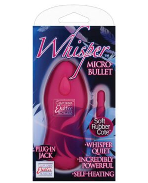 Product packaging for "Whisper Micro Bullet" by California Exotic Novelties featuring a red bullet-shaped device with soft rubber coating, plug-in jack, and the claims "whisper quiet," "incredibly powerful," and "self-heating" highlighted on the package.