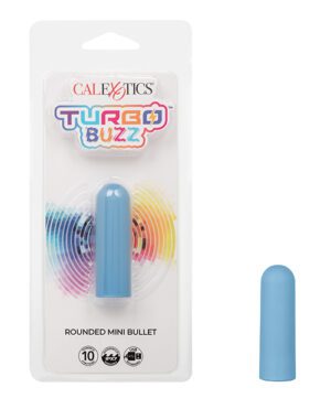 Product packaging of "CALEXOTICS Turbo Buzz Rounded Mini Bullet" with a blue device visible through a clear plastic window and colorful circular graphics in the background. An additional view of the blue mini bullet is shown to the right of the package.
