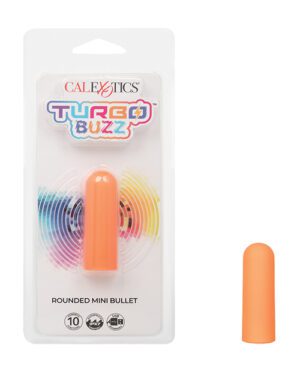 Packaging of a "CalExotics Turbo Buzz Rounded Mini Bullet" with colorful details and a peach-colored mini bullet vibrator visible.